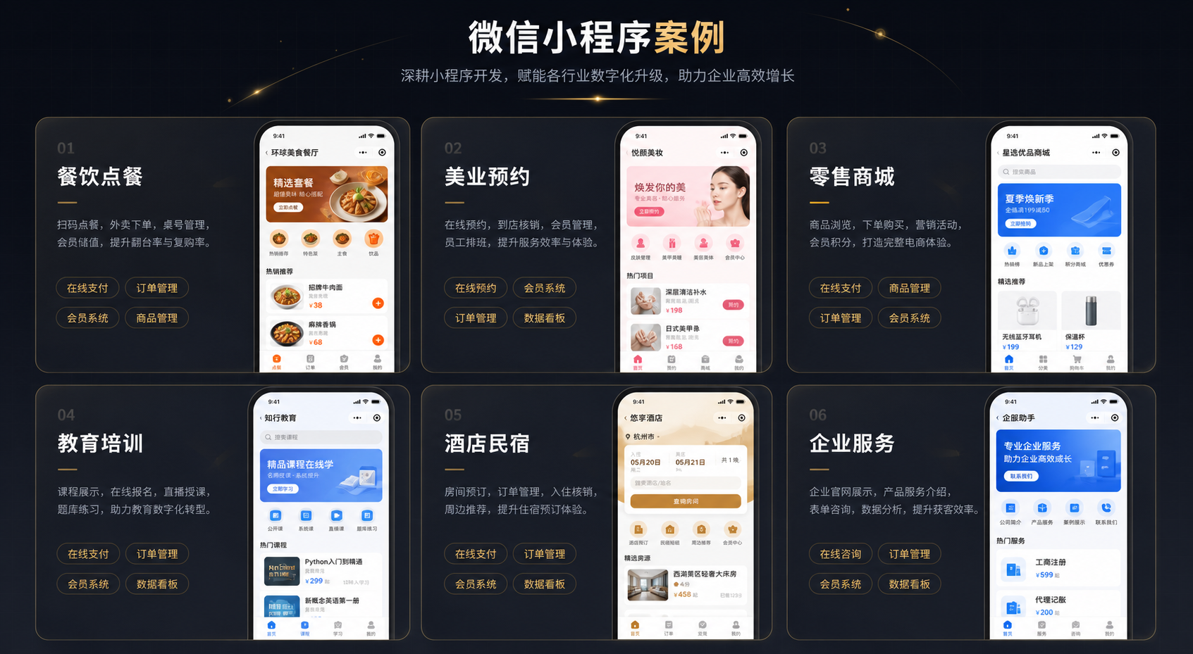 微信小程序案例：餐饮点餐、美业预约、零售商城、教育培训、酒店民宿、企业服务